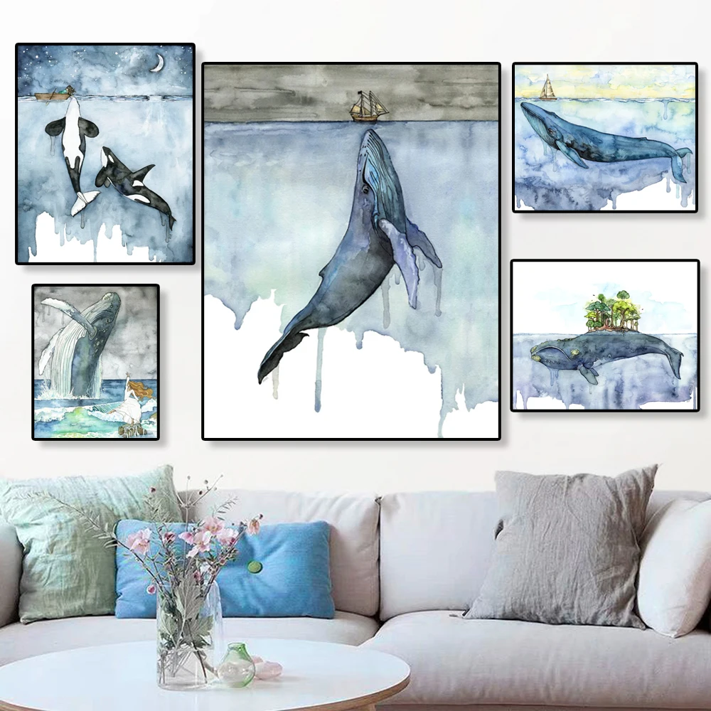 

Whale Art Painting Landscape Seaside Beach Killer Whale and Boat Prints Blue Sky Wall Art Living Room Kids Bedroom Home Decor