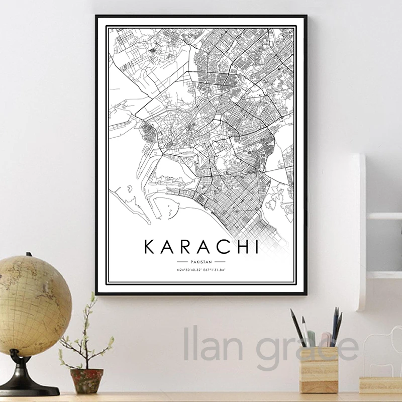 Карта города Карачи плакат Исламабад черно-белые принты Пакистан путешествия