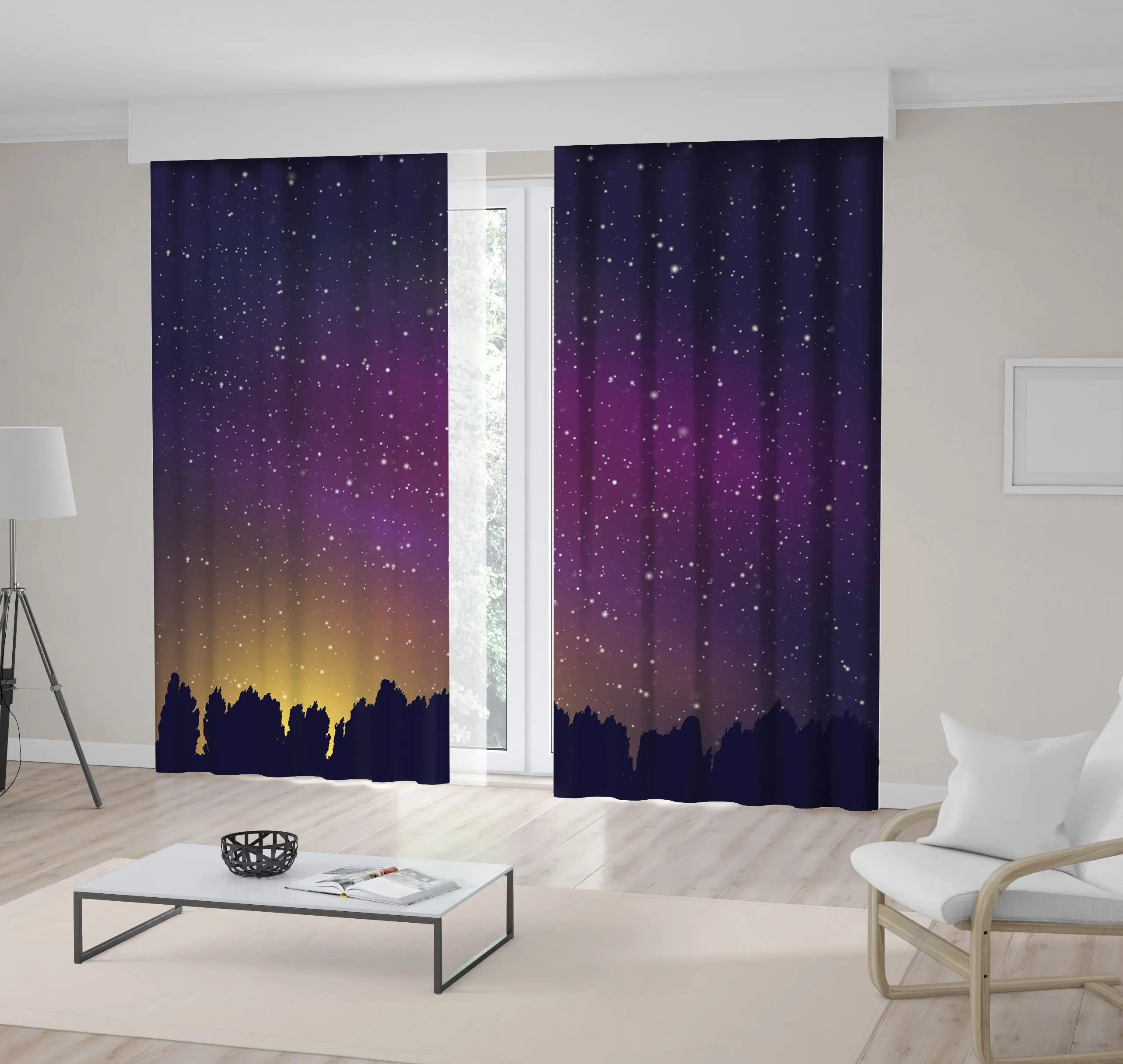 

Curtain Stars in Summer Night Sky over Trees Forest Nature Countryside Purple Mustard Black Photo Printed