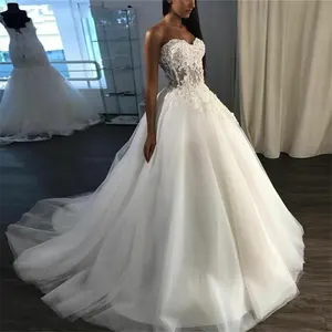 Elegant white wedding dress 2021 vestido de noiva lace up tulle appliquues bridal dresses ball gown Custom Made robe de mariée