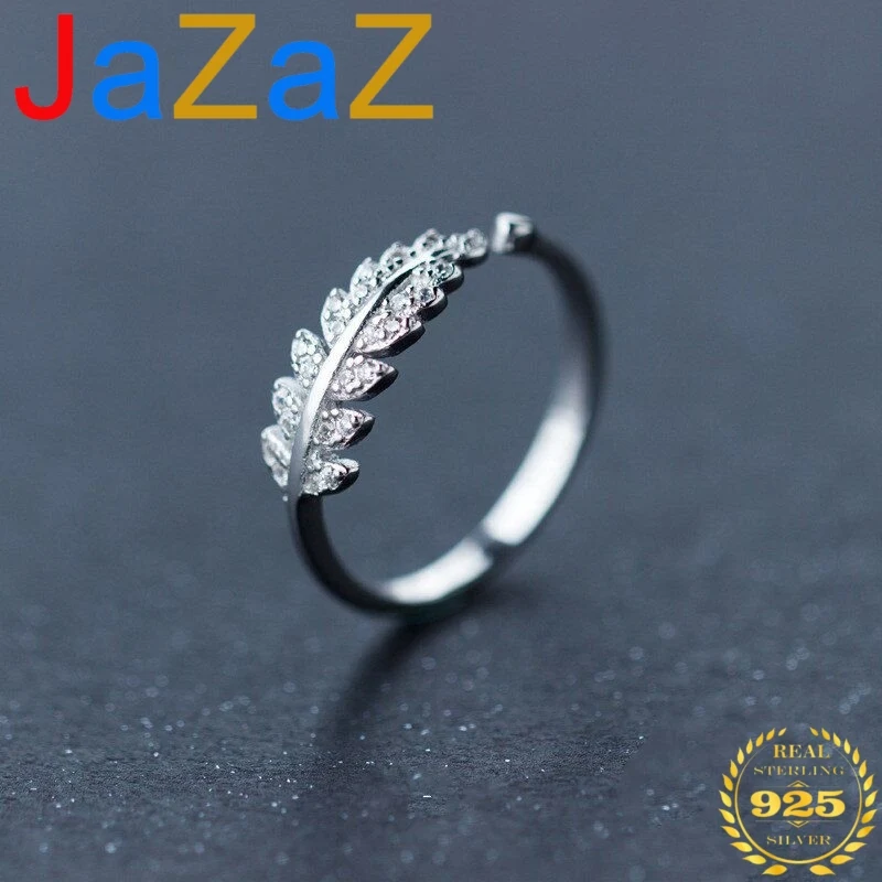 

A00172 Jazaz Simple Creative Real 100% 925 Sterling Silver Leaf Ring for Women Girls AAA Crystal Zircon Jewelry Party Anniversar