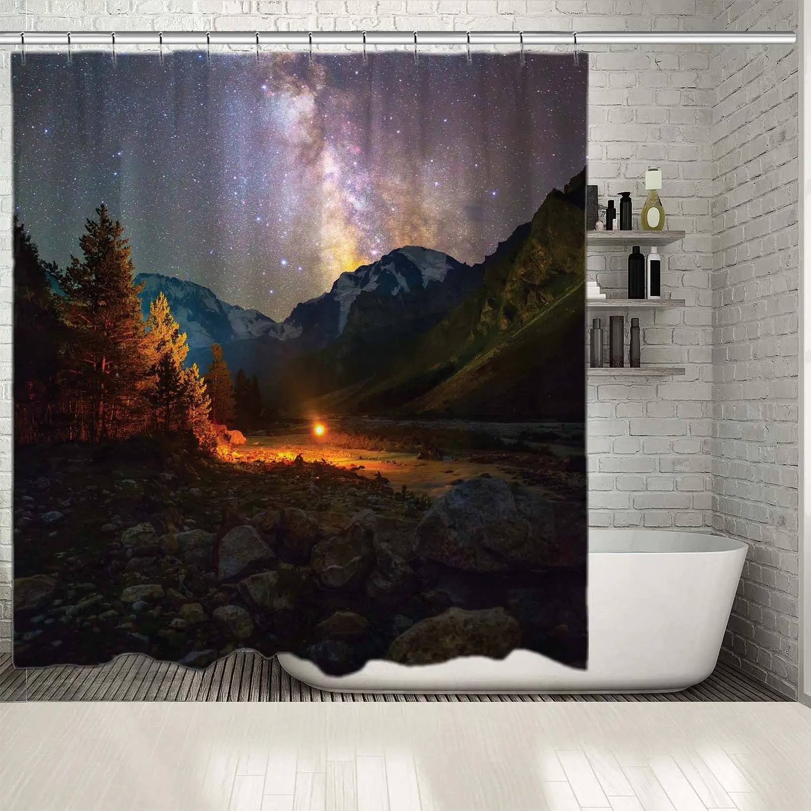 

Shower Curtain Starry Sky Milky Way Over Mountains Trees Wild Nature Camping Photo Navy Blue Green Orange