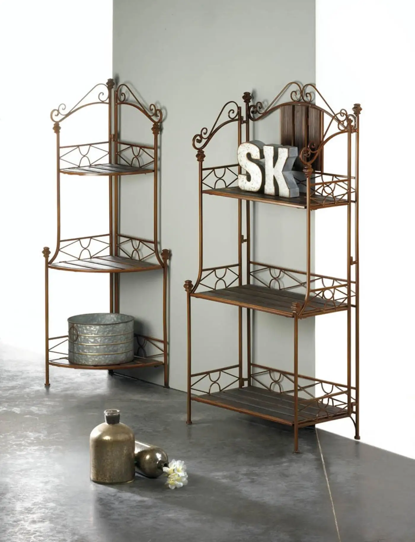 

Accent Plus Metal Rustic CornerBaker's Basket Rack Shelf Unit Tasteful Dcor Made Of Metal and Pine Wood For Durable
