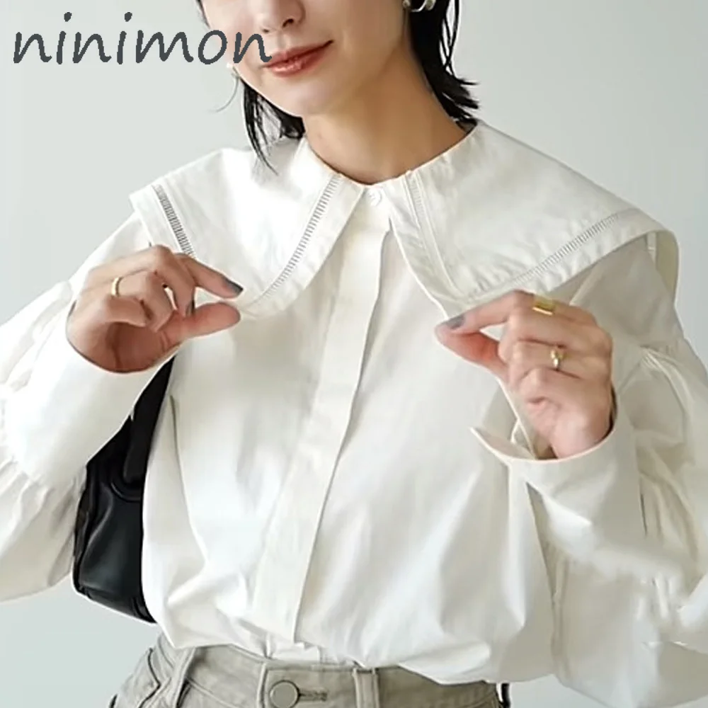 

NINIMON Women Shirts Japanese Temperament Blouses Sailor Collar Lantern Sleeve Single Breasted Solid 2022 Autumn New