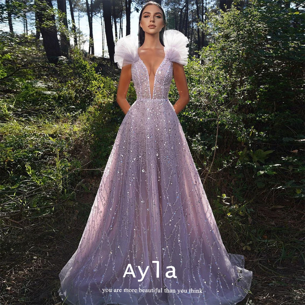 

Gorgeous Shiny Fabric Evening Dress With Fluffy Sleeves A-line Tulle Train Sweep Prom Gowns Formal Gowns Vestidos De Novia