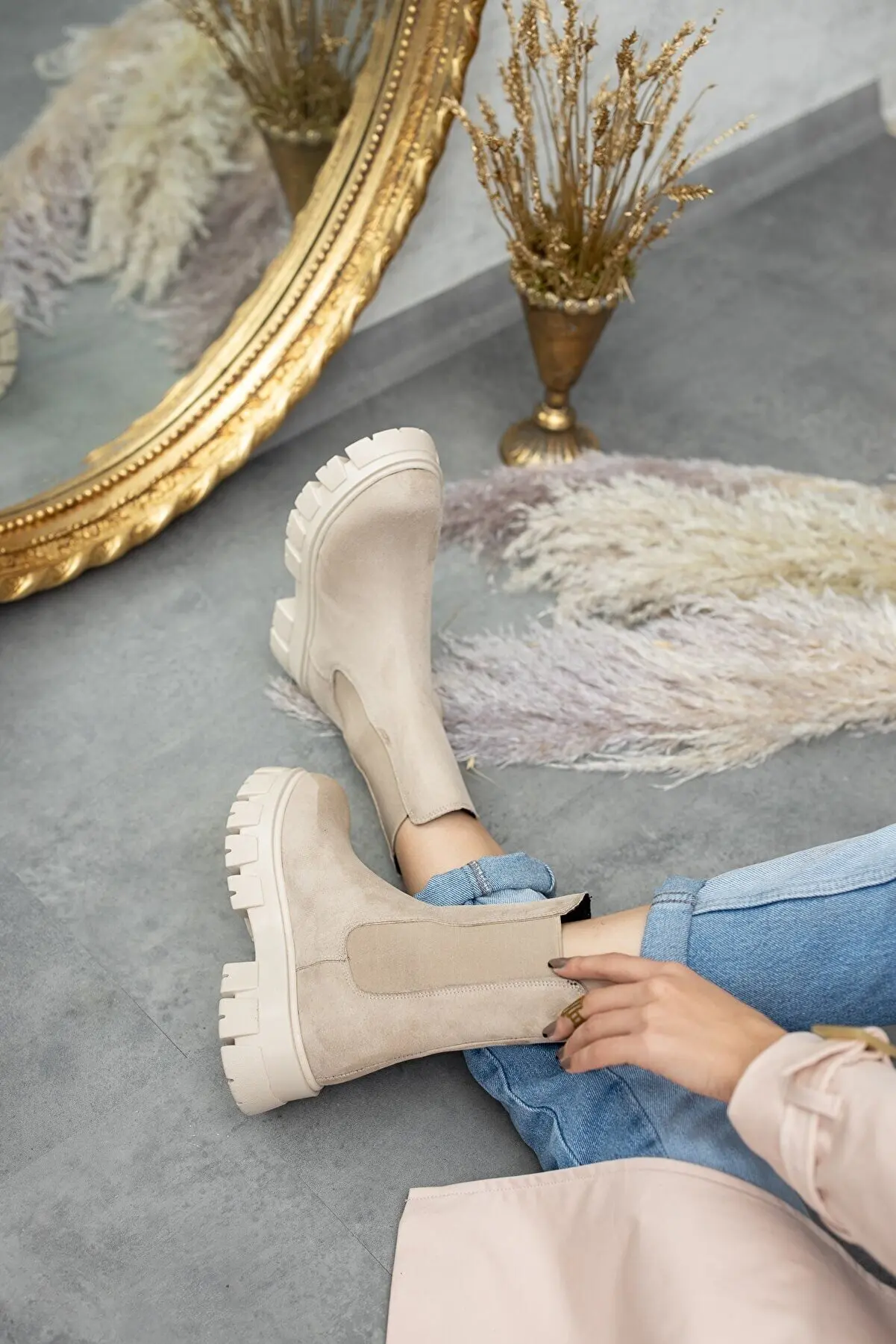 Nude Cream Beige Mink Suede Elastic Side Thick Sole Casual Boots