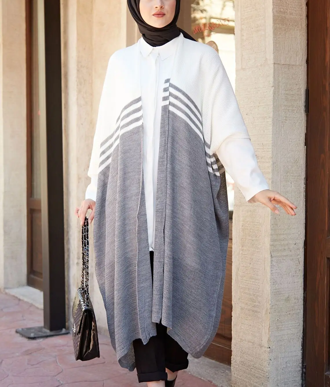 TUGBA Knitwear Striped Panço Gray Muslim Women 'S Cardigan İslamic Muslim clothes for ladies casual summer 2021 ilbahar turkish