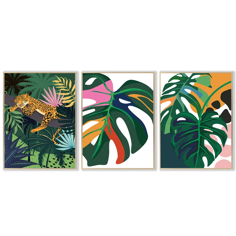 

Green Wild Animal Plant Canvas Painting Tropical Giraffe Leopard Leaf Art Poster Print Wall Picture for Living Room Home Decor