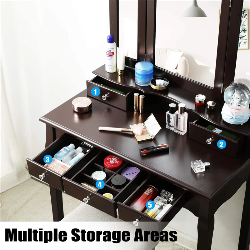 

Bedroom 5 Drawers Vanity Table Set Cushioned Stool Vanity Makeup Dressing Table Drawer with Tri-Folding Mirror Furniture New