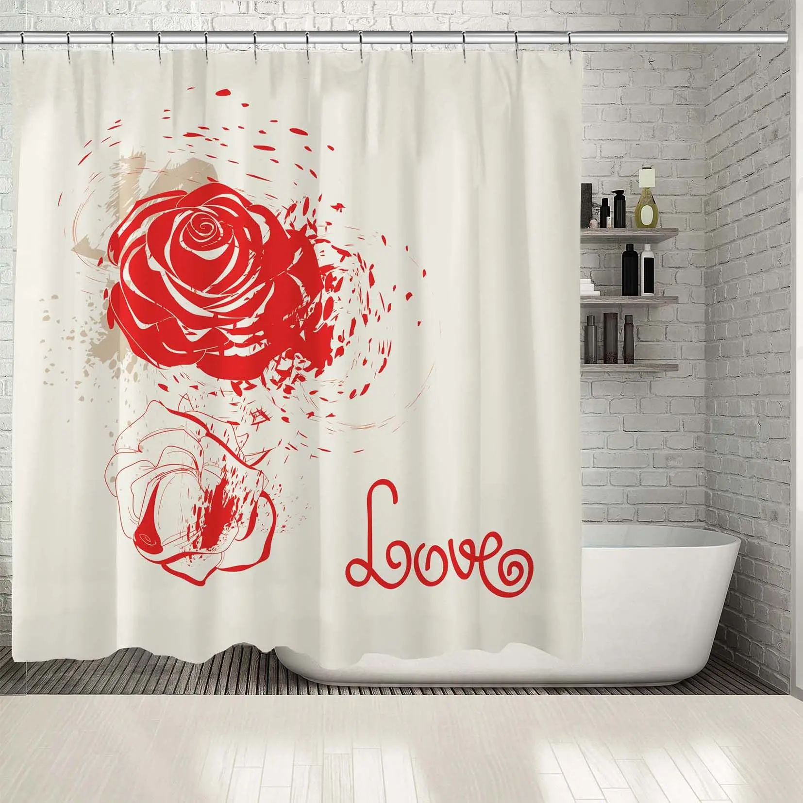 Занавеска для душа с надписью Love и красными розами романтическая тема цветущее