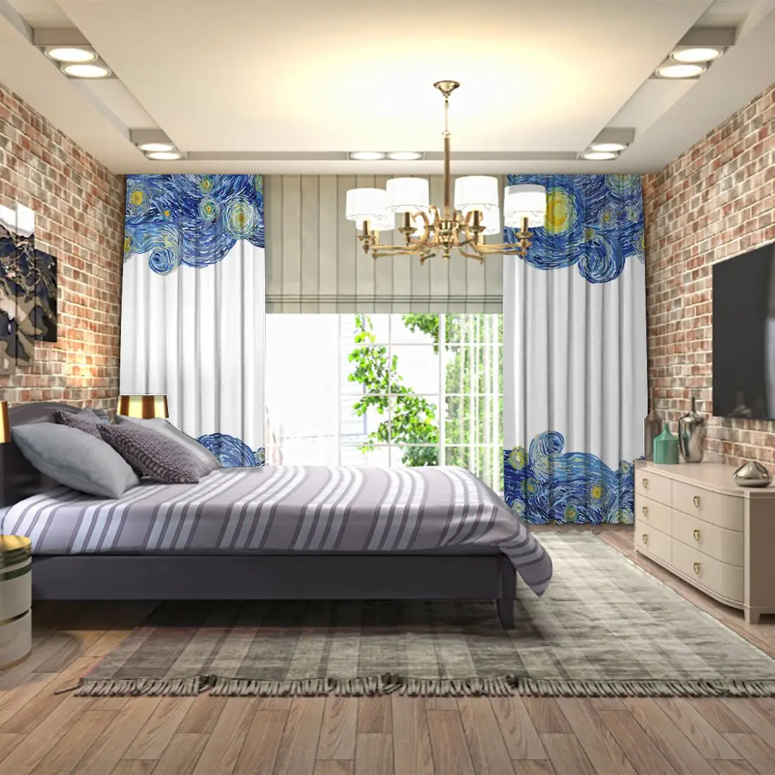 Занавес звездное ночное небо со светящейся Луной и облаками с Ван Гогом