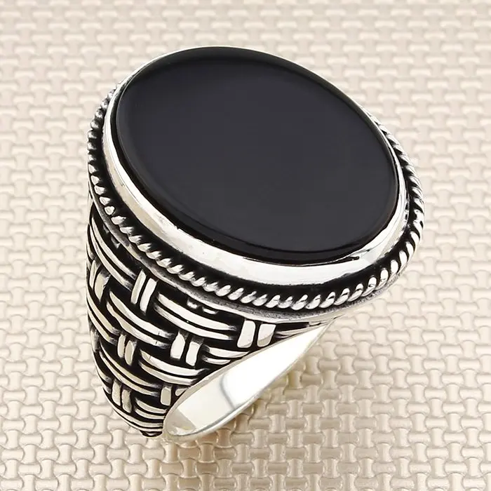 

Straight Oval Black Onyx Stone Men Silver Ring With Wicker Motif Made in Turkey Solid 925 Sterling Silver