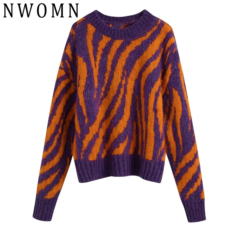 

NWOMN Jacquard Knitted Sweater Women Vintage Pulovers Za 2021 Long Sleeve Crop Knit Top Loose Female Winter Warm Woman Jumper