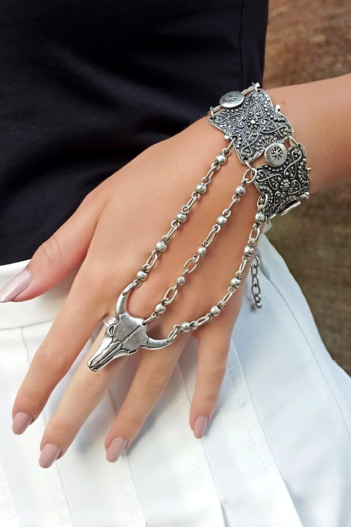 

Antique Silver Plated Bull Shaped Handmade Women Şahmeran