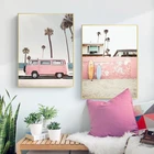 Настенный постер в стиле ретро с изображением розового фургона