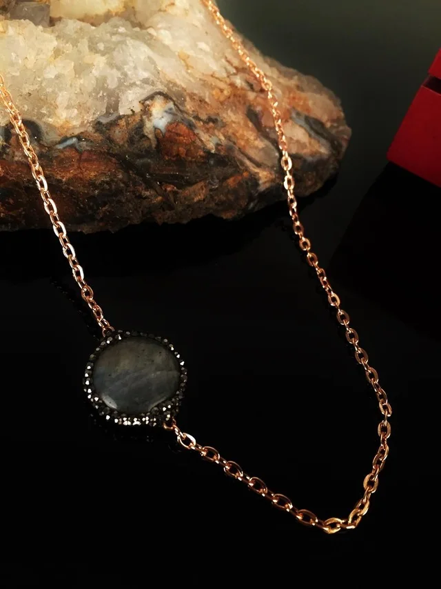 

Dr Stone Natural Stone Women Labrodorit Stone Rose Gold plated Necklace 372867457