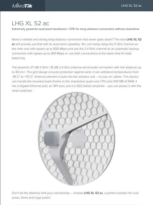 Mikrotik LHG XL 52 ac PTP наружная точка доступа, 5 ГГц 600 Мбит/с 27 дБи, 2 ГГц 250 Мбит/с 18 дби, 40 км