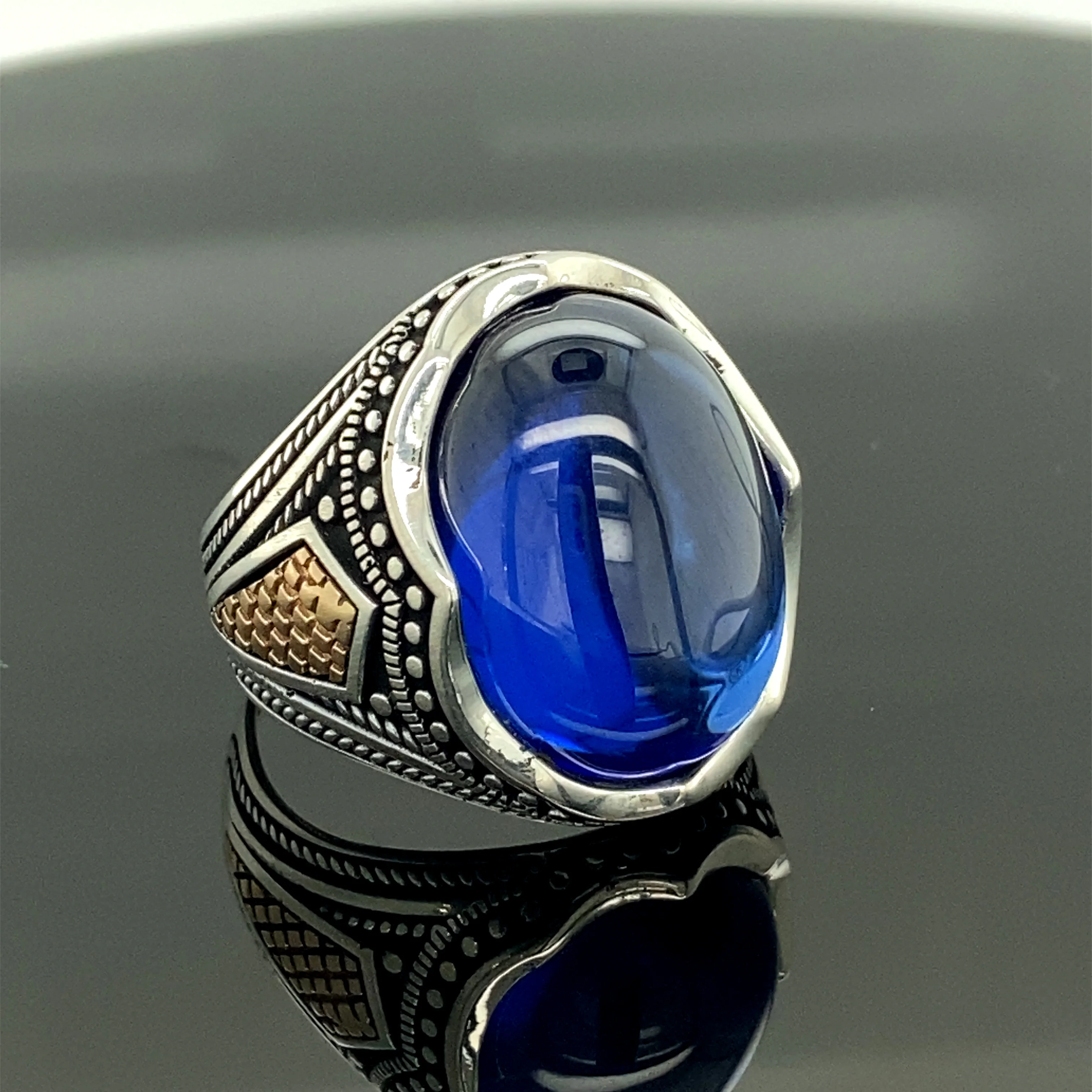 Anillo de plata de piedra de zafiro hecho a mano, joyería otomana, regalo hecho a mano para él