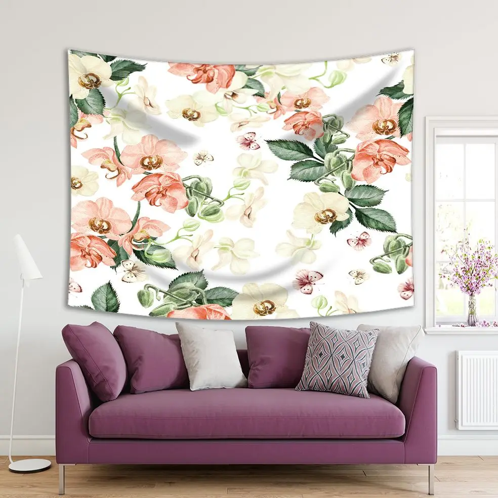 

Tapestry Orchid Flowers Butterflies Magical Garden Vintage Style Artwork Green Pink Beige
