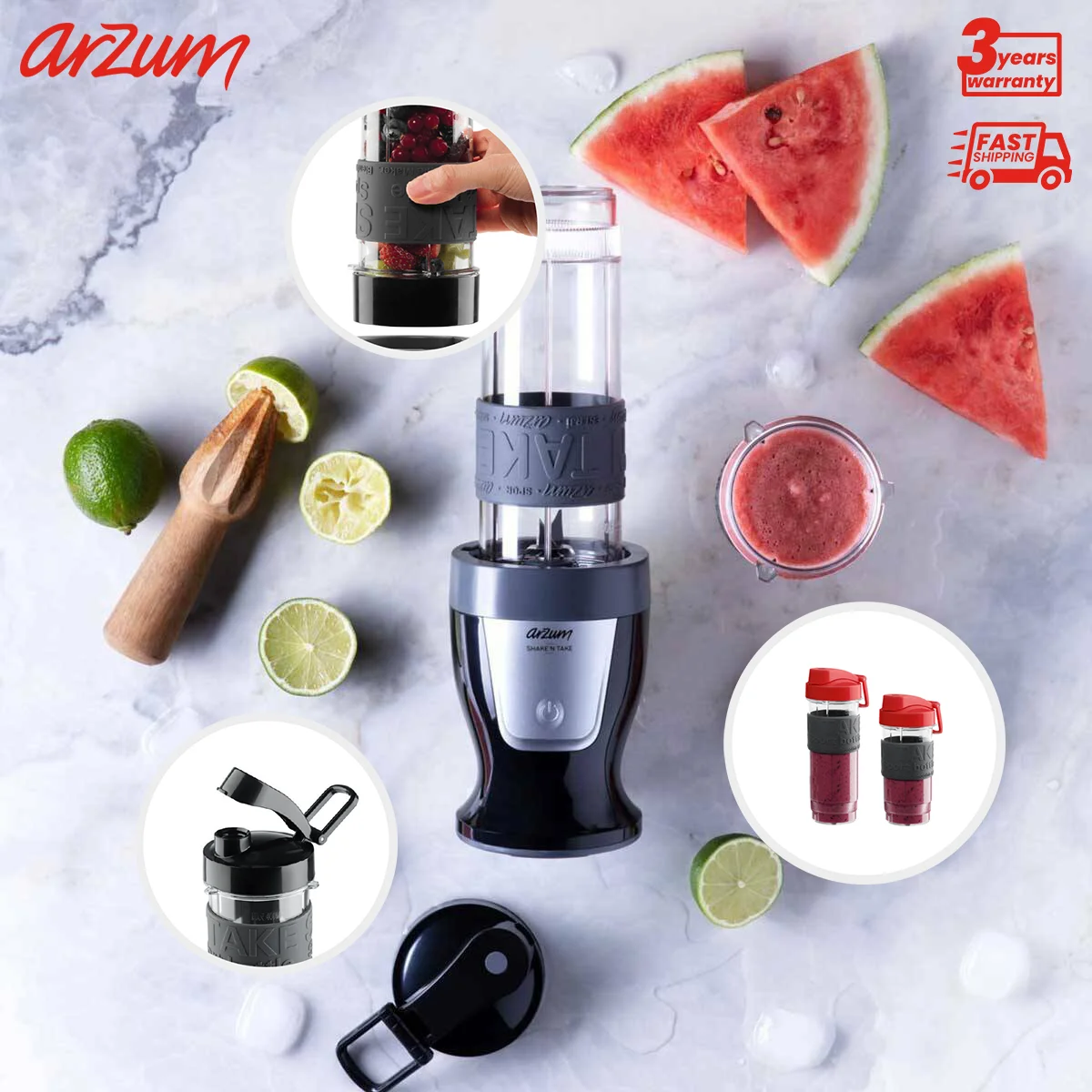 Arzum Blender Take Personal Blender Mixer Juicer Fruit Food Processor Smoothies BPA Free Portable Bottle Stainless Steel Blades