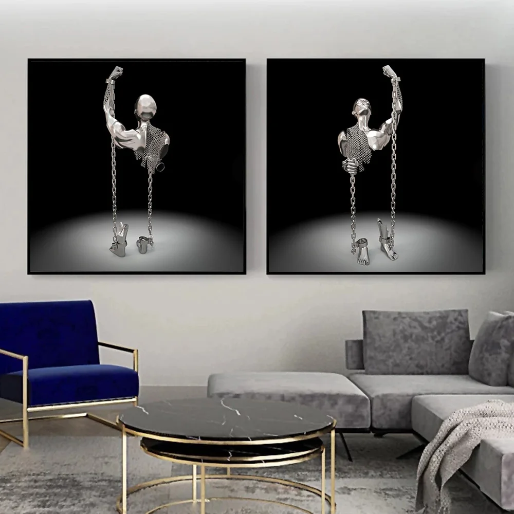 

Surreal Silver Metal Man Canvas Painting Modern Popularity Poster and Print Picture For Living Bedroom Room Wall Art Home Decor