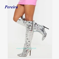 pointed toe knee high stiletto boots sequins bling high heels for plus size women shoes slip on autumn sexy luxury ladies 2022