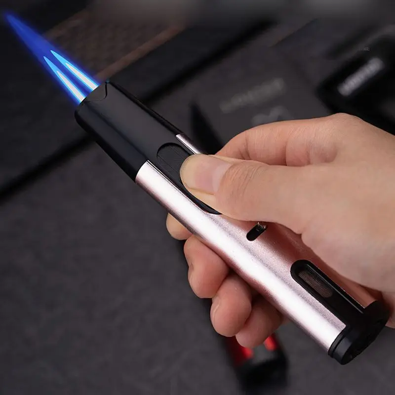 

New Double Direct Portable Point Cigar BBQ Igniter Spray Gun Welding Torch Windproof Inflatable Metal Long Strip Gas Lighter
