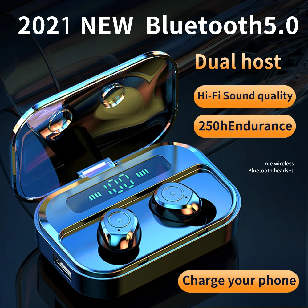 

Беспроводные наушники TWS с зарядным устройством на 2200 мА · ч, водонепроницаемые стереонаушники 9D с микрофоном, Bluetooth 5,0, быстрая зарядка