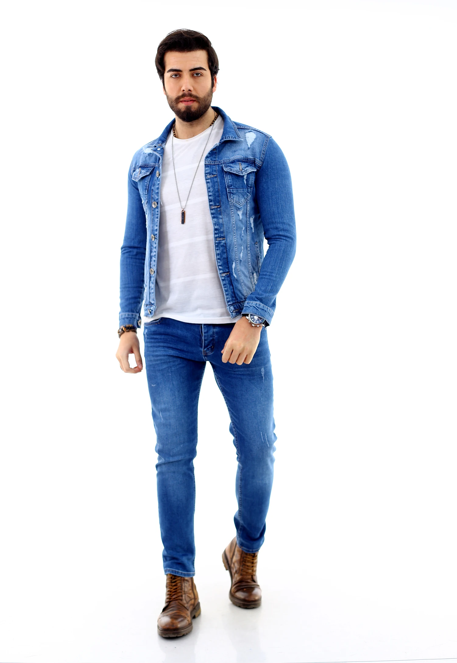 Men's Lycra Denim Jacket Blue 2021 Fashion Men's Jean, Outerwear, cowboy jacket, autumn and winter slim denim jacket casual