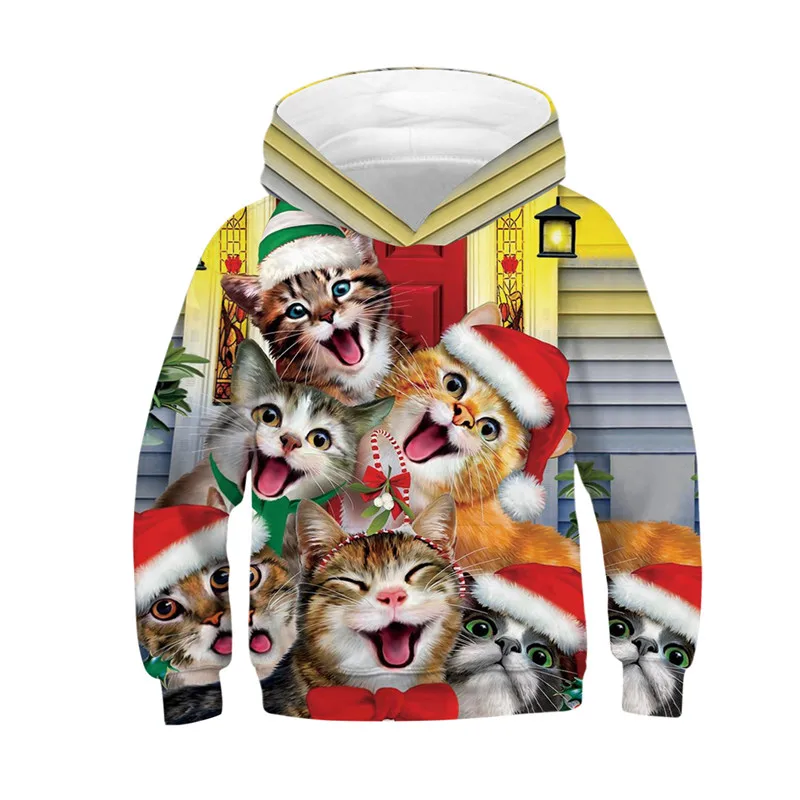 2019 милые рождественские детские толстовки с капюшоном изображением кота собаки