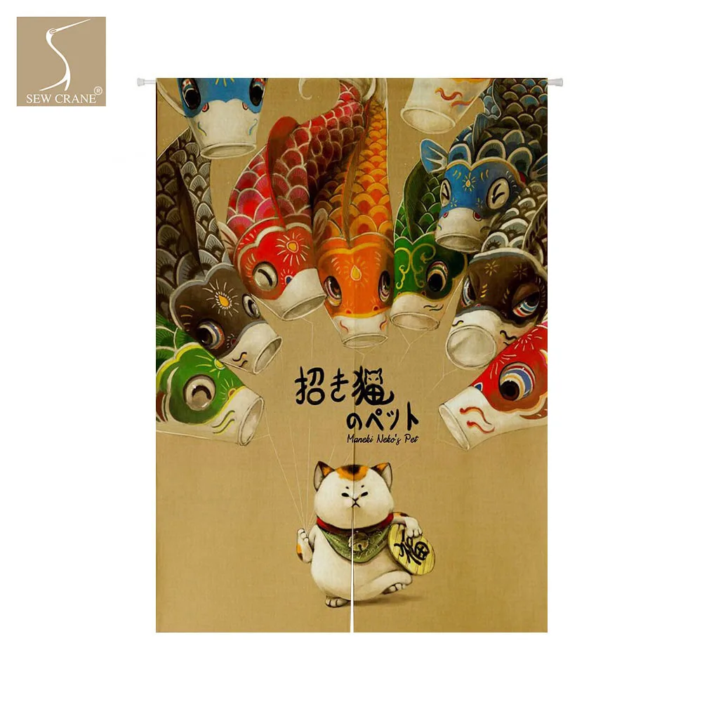 Занавеска на дверь в японском стиле Кот удачи с рыбой|cat cat|cat cat catcat luck |