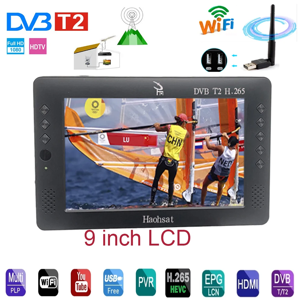 

Haohsat TV HD 9 Inch HD Portable TV DVB-T2 ATSC ISDB-T Digital and Analog Mini Small Car Television Support USB MP4 H.265 AC3