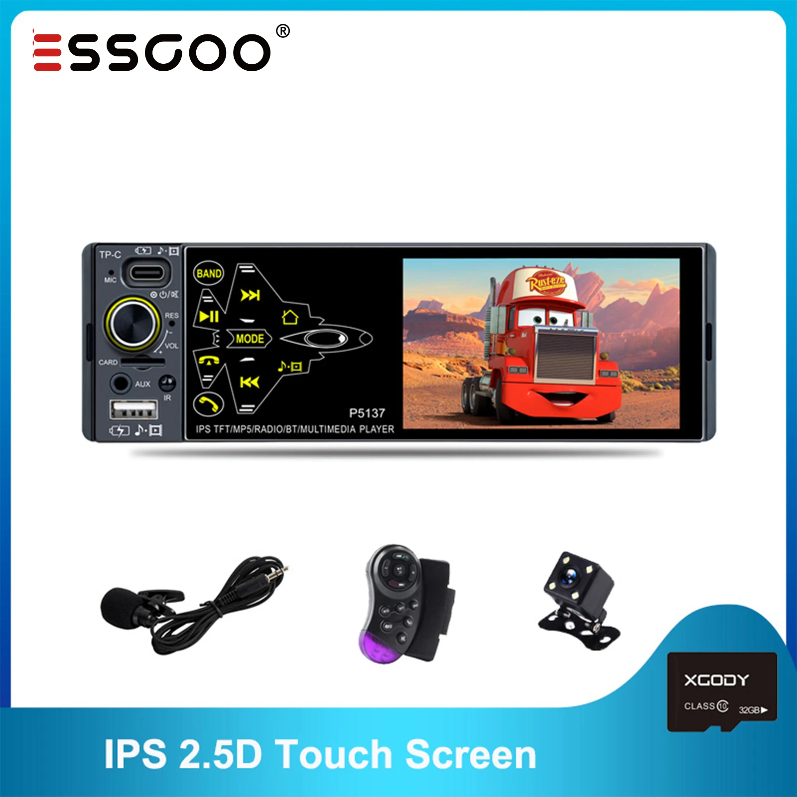 

ESSGOO Car Radio 1DIN Stereo 3.8'' 2.5D IPS Screen MP5 Autoradio Supports BT Aux FM Rearview Camera TP-C SWC 7 Colors Button