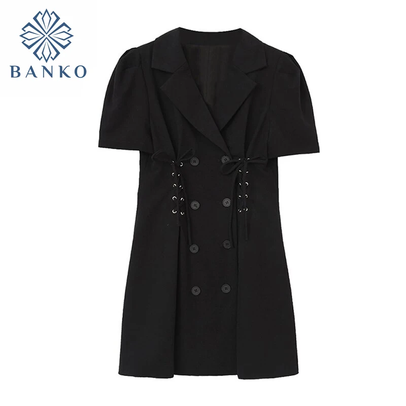 

Women's Suit Dress Black Waist Double-Breasted Lace-up Temperament Short-Sleeved Dress 2021 Summer Office Ladies Blazer Dress