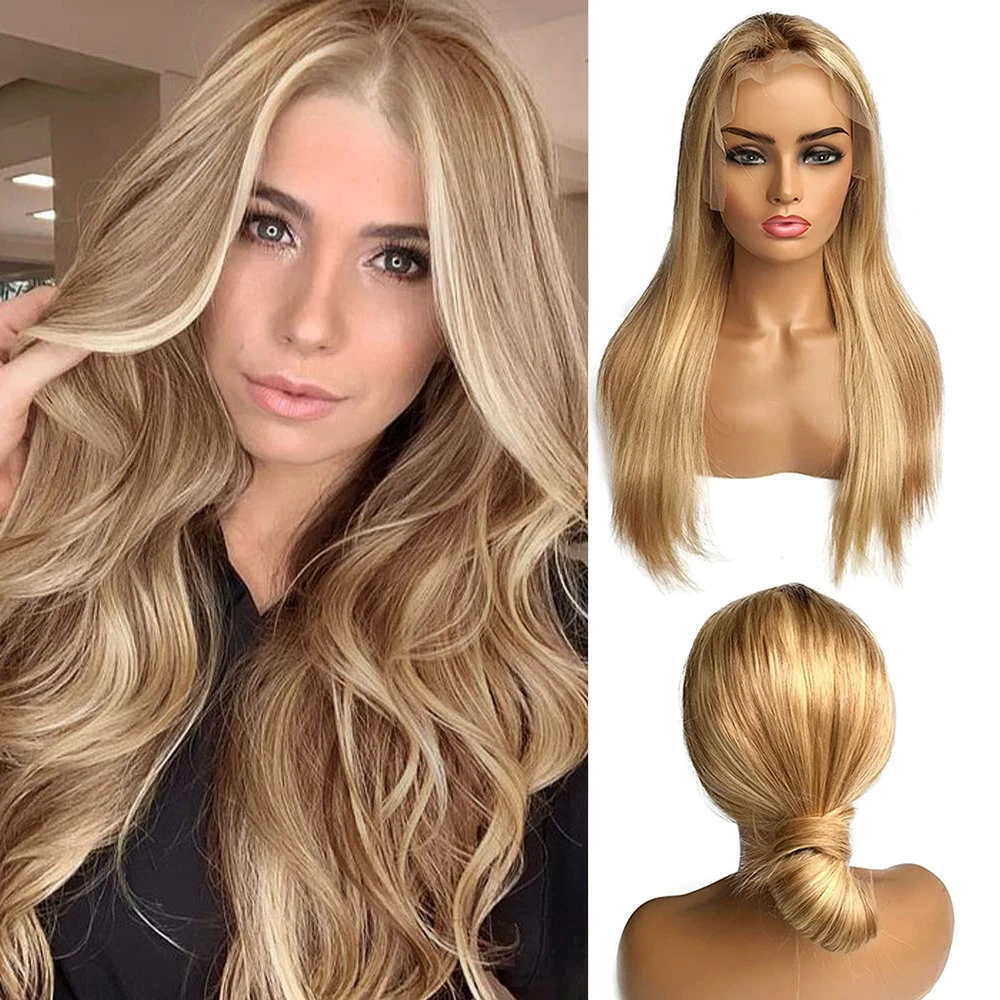 Highlight Blonde Highlights Lace Front Wigs Ombre 613 Straight 13x4x1 T Part Pre Plucked Frontal Human Hair Wig For Black Women