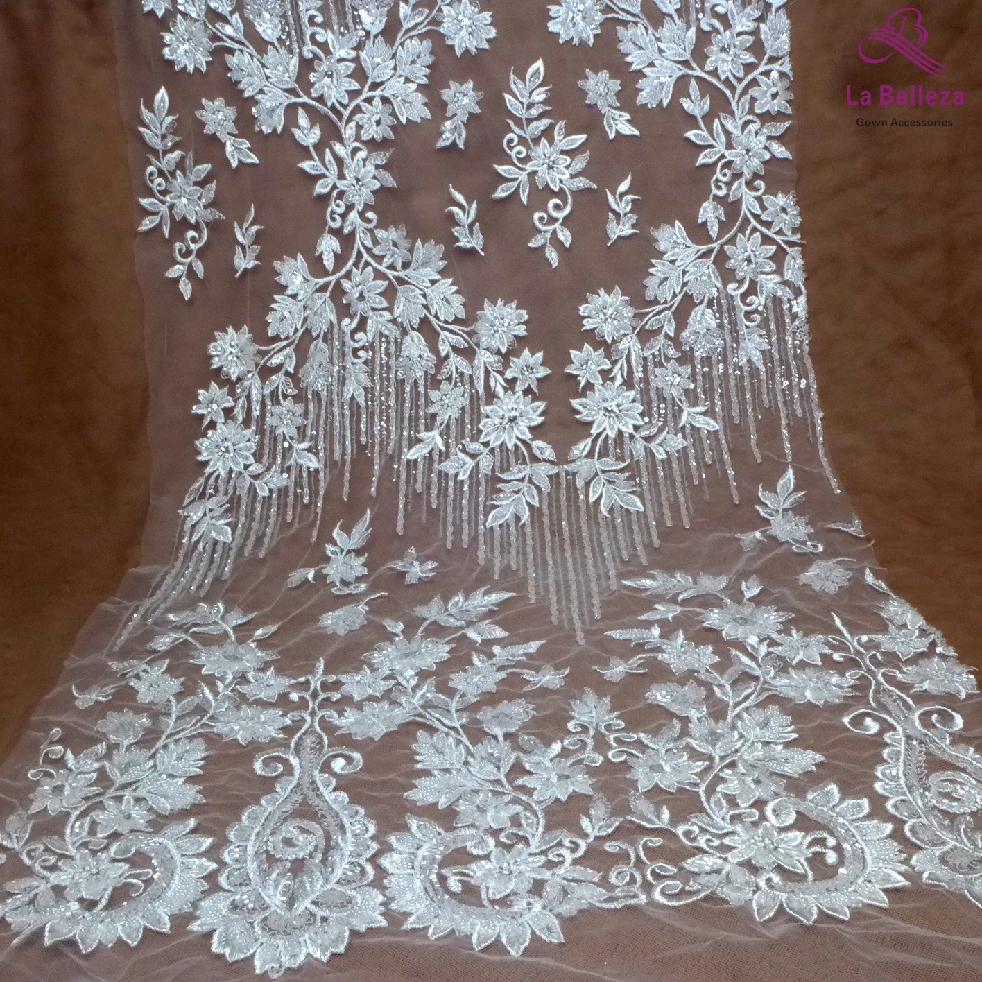 

La Belleza 2021 New fashion bridal lace fabric,ivory lace fabric,off white beading wedding dress lace fabric 51'' width 1 yard