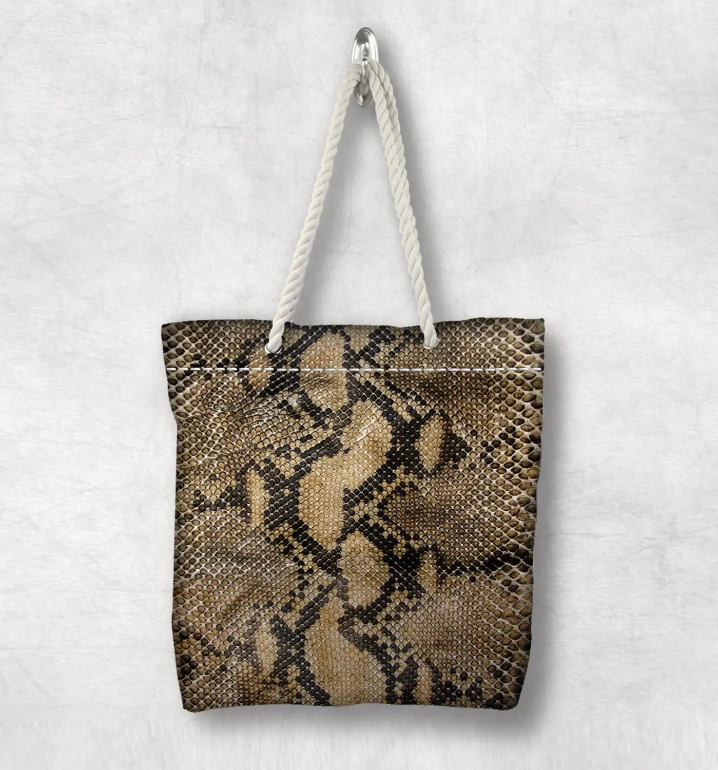 

Else Yellow Brown Snake Skin Design New Fashion White Rope Handle Canvas Bag Cotton Canvas Zippered Tote Bag Shoulder Bag