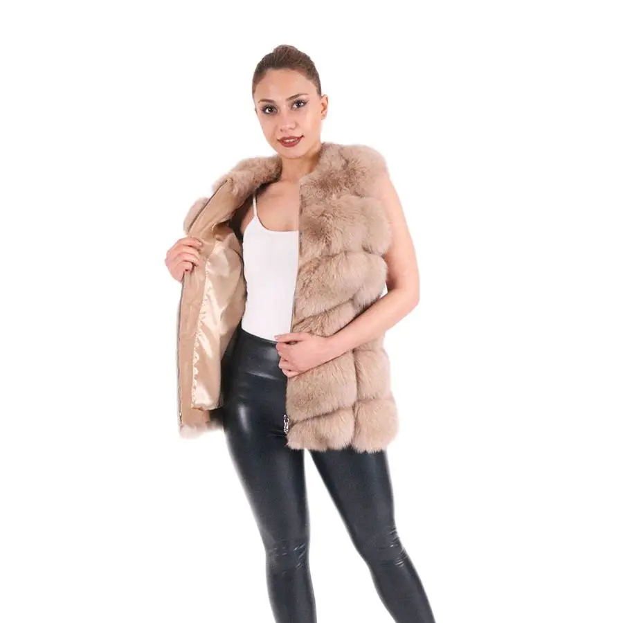 Real Fur Coat Winter Women 2021 Fashion Casual Warm Slim Sleeveless Long Faux Fox Fur Vest Winter Pockets Jacket Women