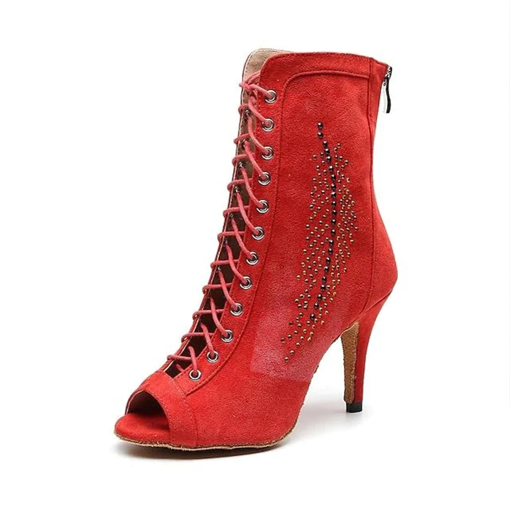 Red Latin Dance Ankle Boots Shoes Chains Woman Lace Up High Heels Ballroom Dance Jazz Shoes Suede With Zipper Polo Ladies Shoes