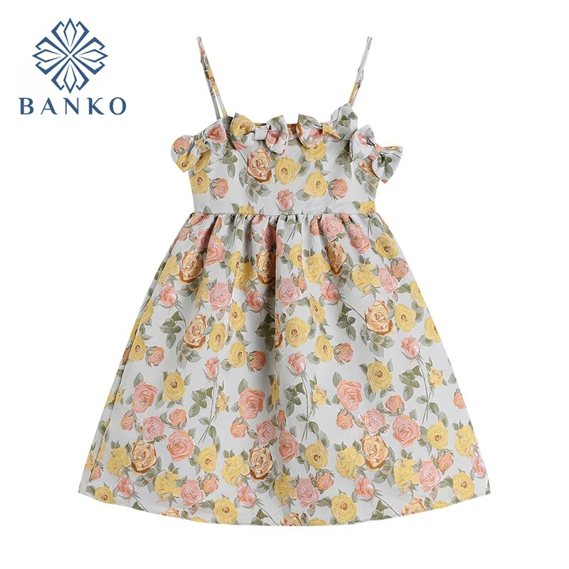 

Fashion Retro Jacquard Suspender Dress Women Summer 2021 French Three-Dimensional Bow Floral Printed Holiday Ladies Mini Dresses