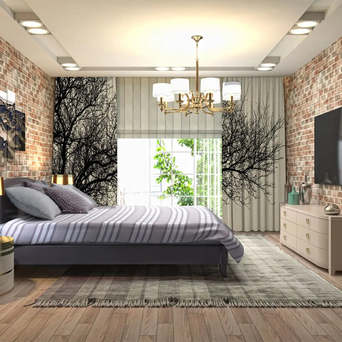 Штора из кожи ветви дерева зимний наружный силуэт природа пейзаж бежевый и