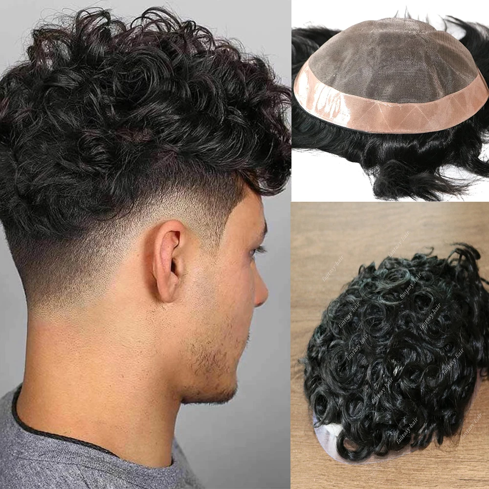 100% Remy Human Hair 20MM Curly Men's Toupee Wig Fine Mono Lace Top Pu Indian Hair Units Toupee Replacement System For Men