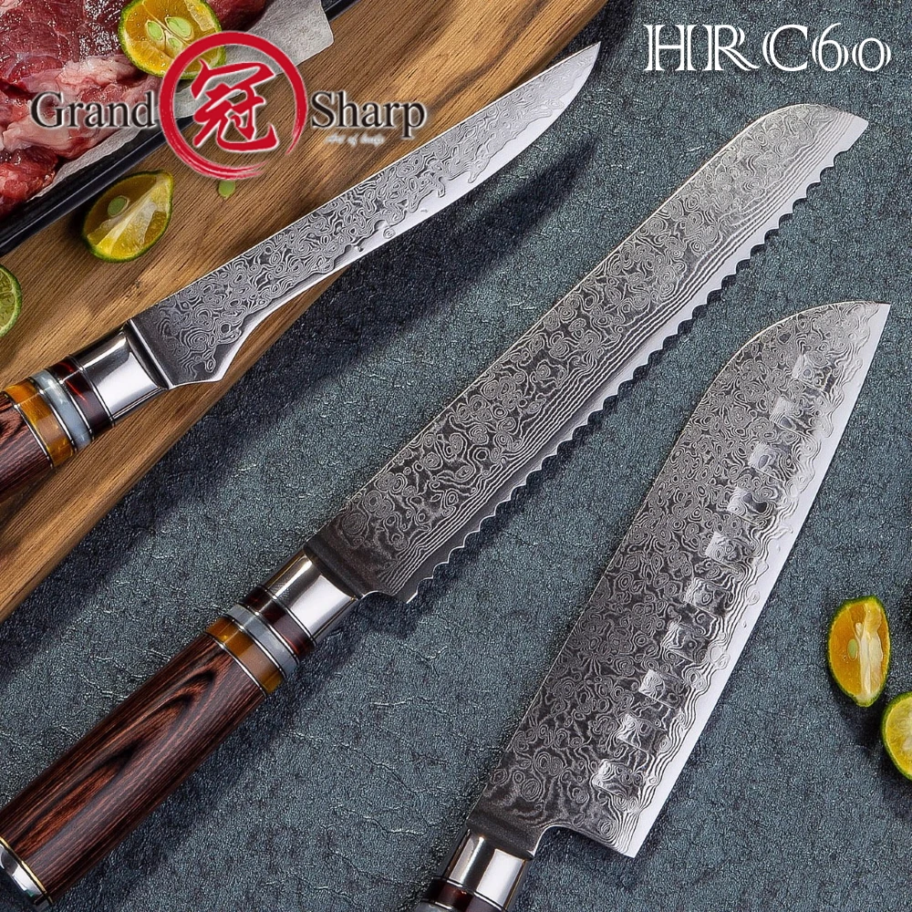 Дамаск Кухня ножей vg10 японской дамасской Сталь Santoku хлеб нож топорик 3 шт набор