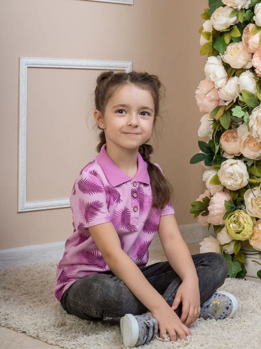 Футболка поло д/девочки Листья фиолетовый Пике 190 гр./кв.м. набивной|Тройники| |