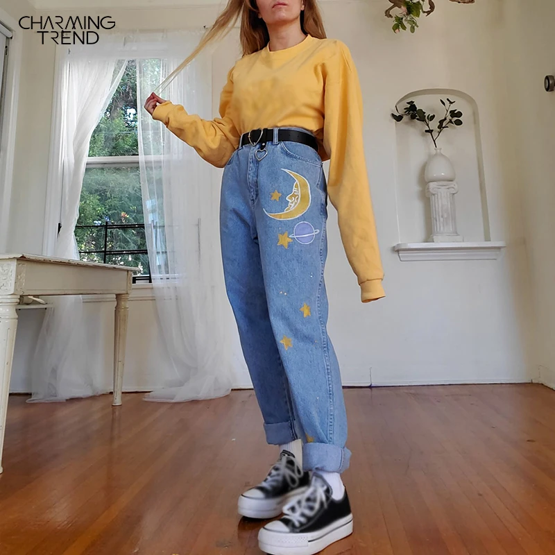 

Straight Women's Cute Jeans Baggy Vintage High Waist Moon Star Pattern Young Girls Denim Pants Streetwear 2020 Female Long Jeans