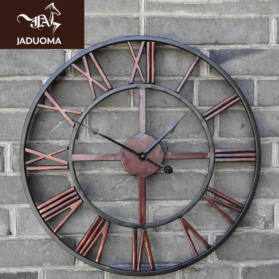

JADUOMA 3D Circular Retro Roman 47cm Wrought Hollow Iron Vintage Large Mute Decorative Wall Clock On The Wall Decoration Home