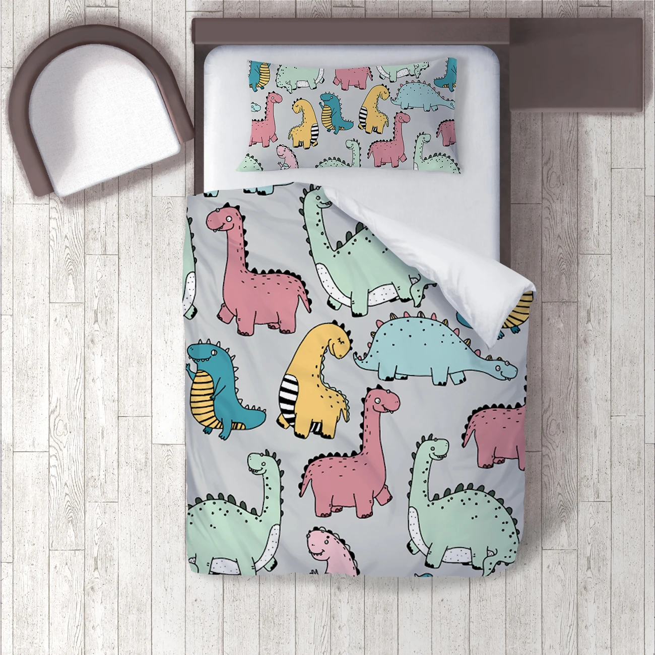 Duvet Cover Set Bedding Set Pillow Case for Baby and Kids Room 3D Printed Colorful Dinosaur Gray Model 1338