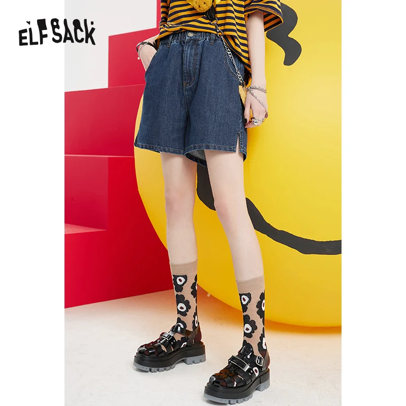 ELFSACK High Waist Slit Straight Denim Shorts Woman 2022 Spring ELF Stylish Raw Hem Korean Ladies Basic Daily Bottoms