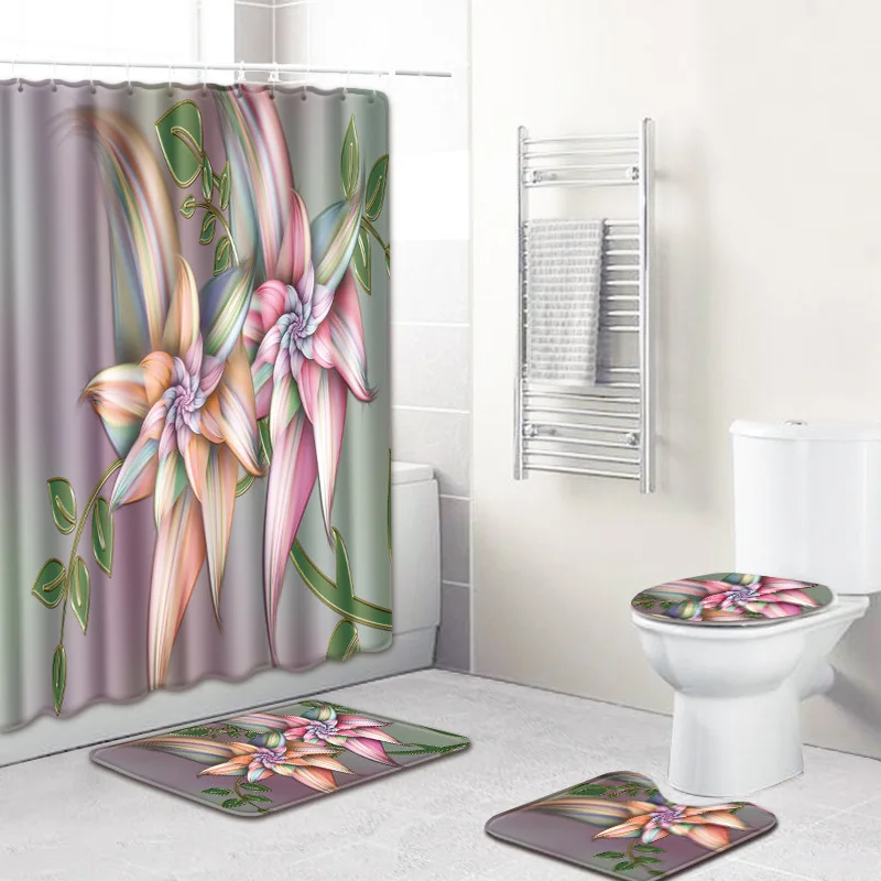 4pcs/set Flower Print Shower Curtain Bath Mat Waterproof Polyester Bathroom Fabric Pedestal Rug Lid Toilet Cover Pad Hook | Дом и сад