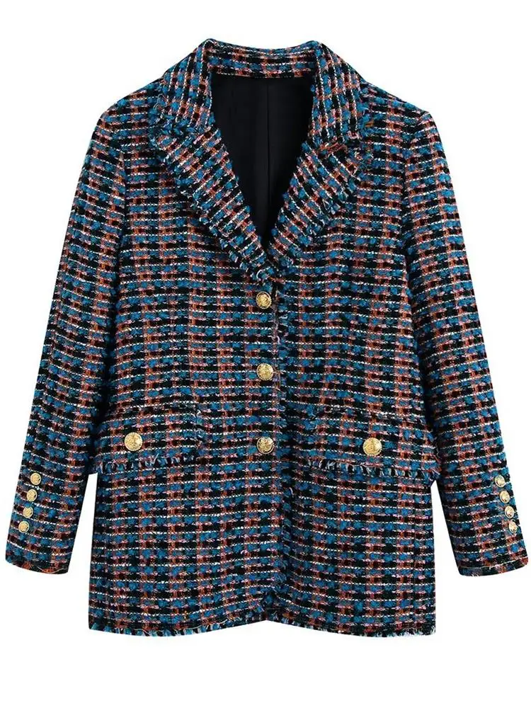 

ZXQJ Women 2022 Fashion Single-Breasted Tweed Blazer Coat Vintage Long Sleeve Frayed Trims Female Outerwear Chic Femme